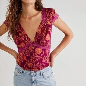 Free People Emory Emery Top in Pink Combo Size Large Floral Cap Sleeve NWT
